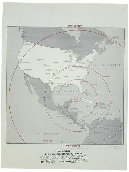 This map was used in meetings of President John F. Kennedyโs Executive Committee during the Cuban Missile Crisis, from September to October 1962, to illustrate the operational ranges and locations of potential missile coverage in Cuba.