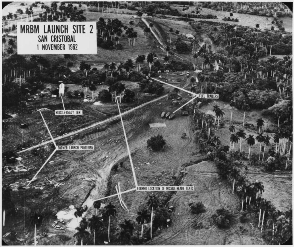 A U.S. aerial reconnaissance photo showing a medium-range ballistic missile launch site in San Cristรณbal, Cuba, on November 1, 1962, during the Cuban Missile Crisis.