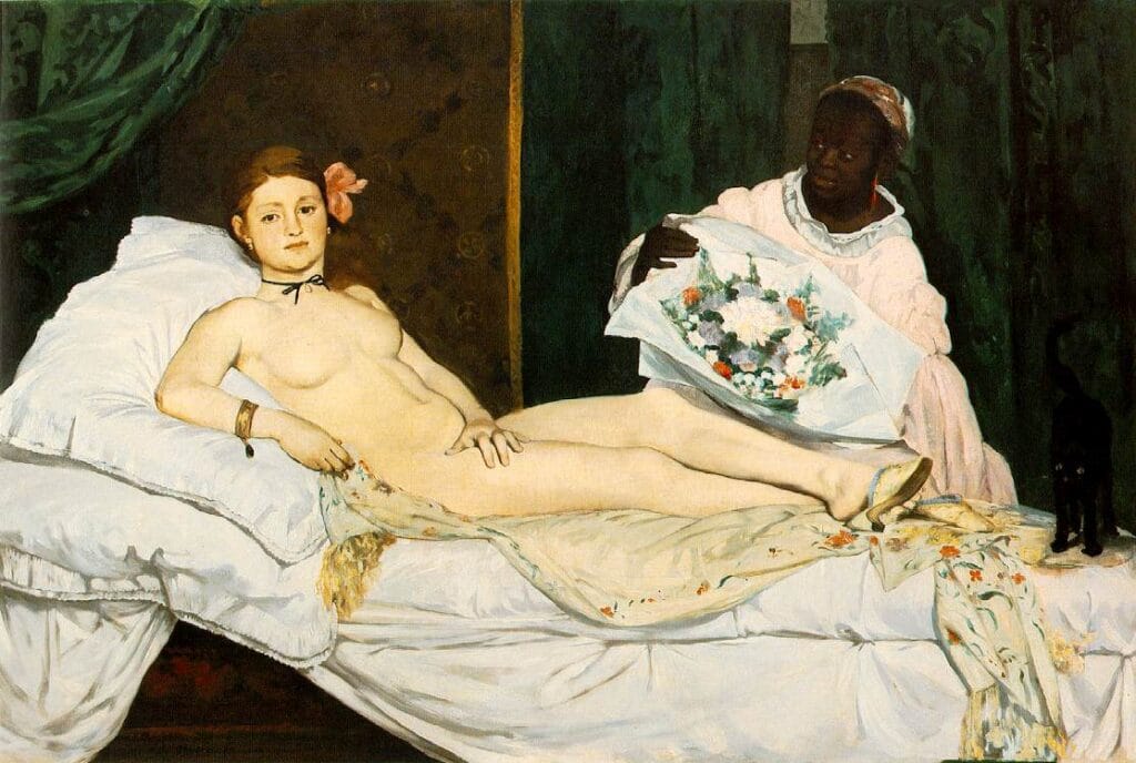 Édouard Manet’s “Olympia” (1863), depicting a nude woman lying on a bed. A controversial work marking the beginning of modernism.