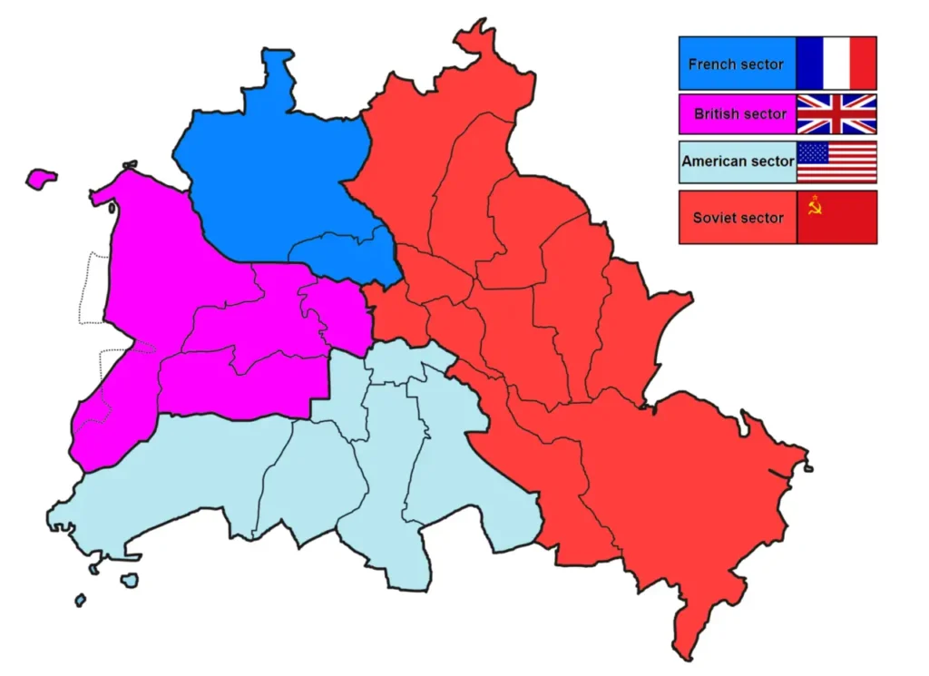 A map of East and West Berlin divided into Allied occupation zones.