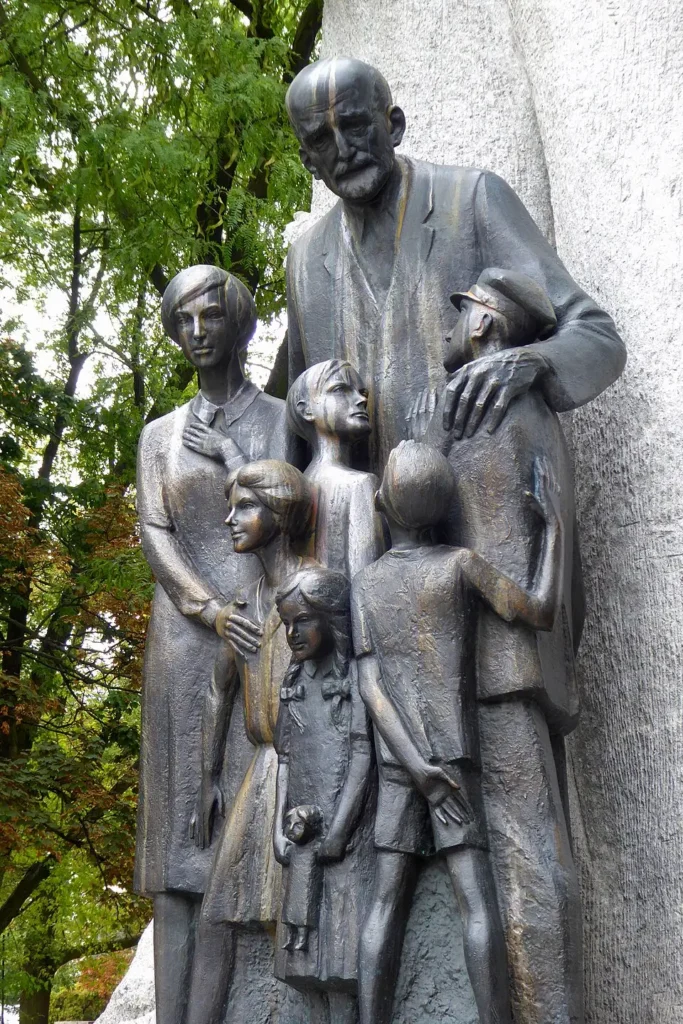 Details of the Janusz Korczak monument in Warsaw.