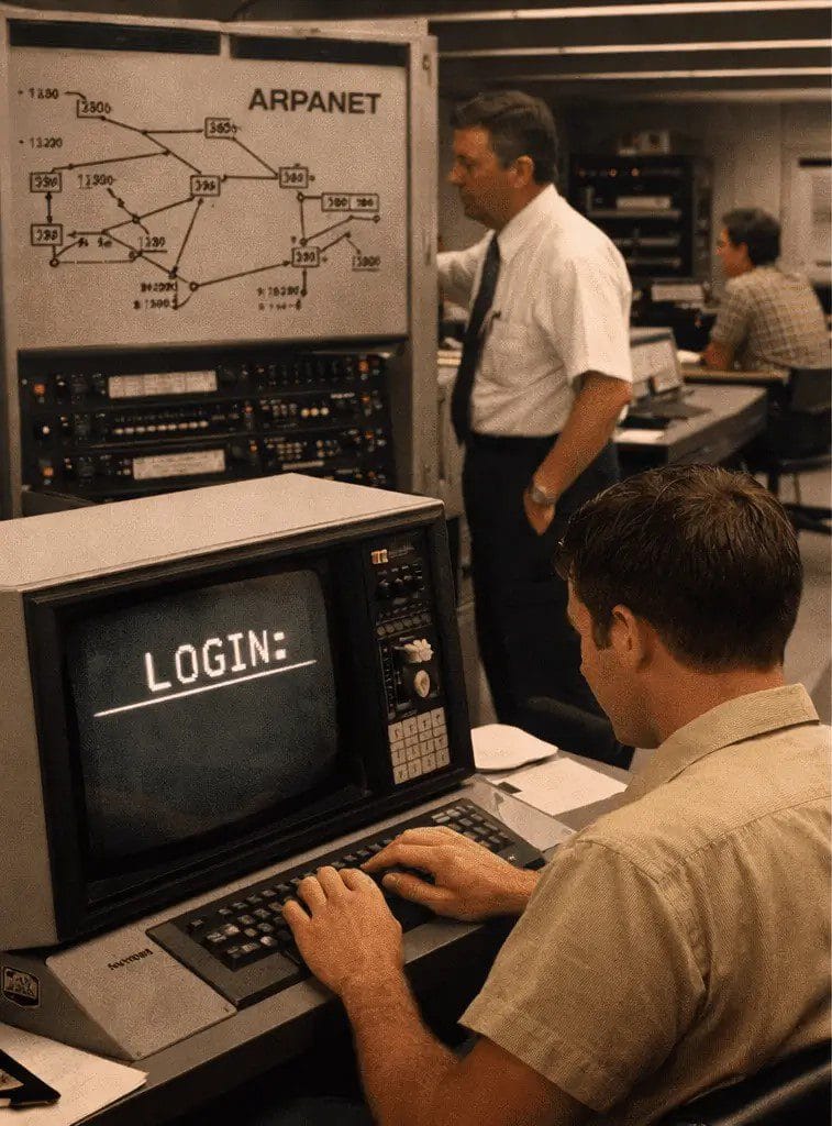 A person sitting at an old computer activating APNET