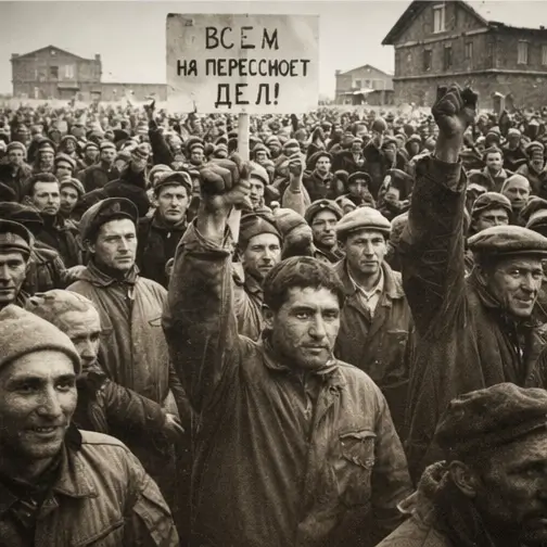 Protesting prisoners holding a placard.