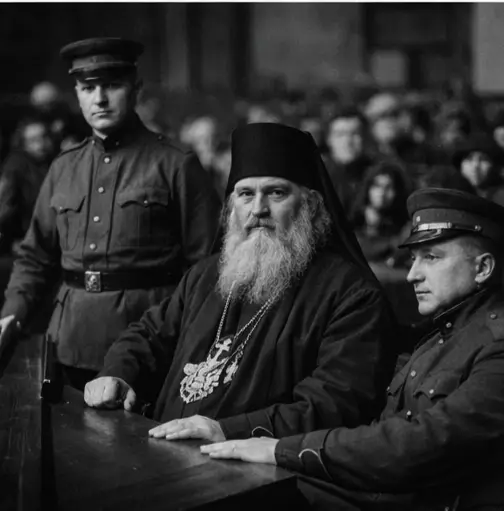 Тематическое изображение церковного иерарха, сидящего в зале суда среди чекистов.
