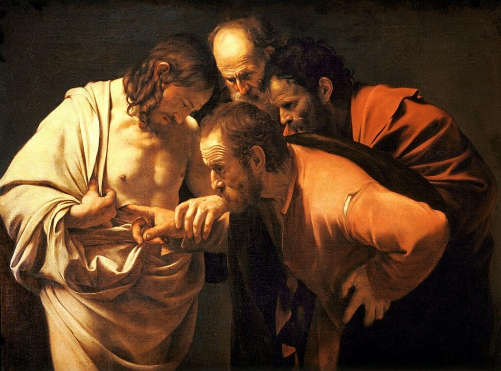 Caravaggio’s “The Incredulity of Saint Thomas,” realistically depicting the apostle’s doubt and the moment he touches Christ’s wound.