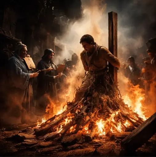 A person is burned alive on a pyre with priests standing around him.