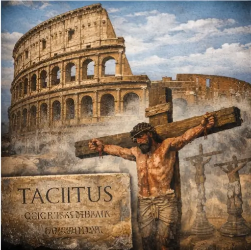 Crucifixion scene with an ancient Roman backdrop, Colosseum in the distance