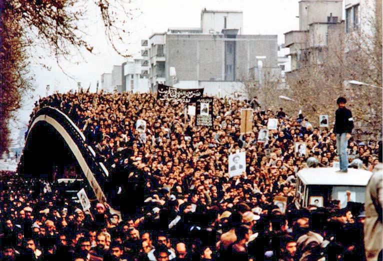 Masses of people in the streets during the 1979 Iranian Islamic Revolution