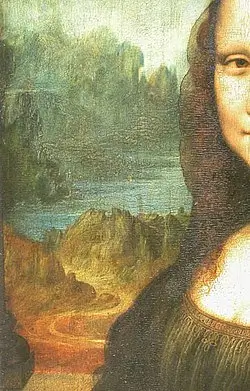 In the background of the Mona Lisa portrait, a winding road is visible on the left side leading toward a river.