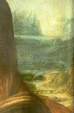 In the background of the Mona Lisa portrait, a bridge over a river is visible on the right side.