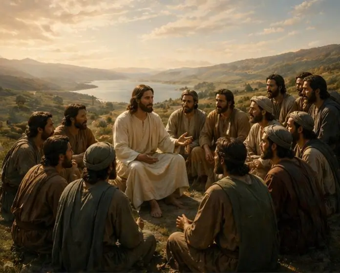 Jesus is speaking to his disciples sitting around him.