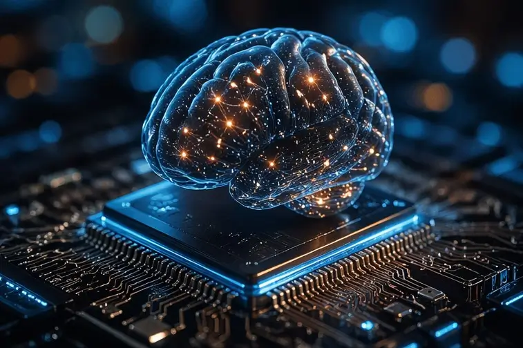 A model of the human brain rests on an electronic chip with pulsing lights.