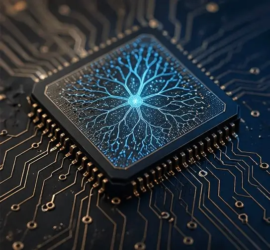An image of an electronic chip with neuron-like connections.