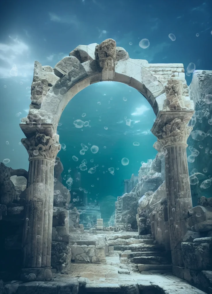 Ruins of a sunken city in the sea, with building columns.