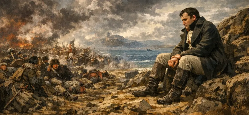 Defeated Napoleon sitting apart from his soldiers