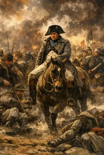 Napoleon sitting on a horse on the battlefield