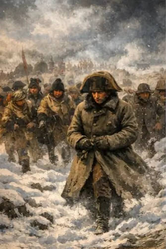 Napoleon marches with his soldiers through snow and cold during the Russian campaign