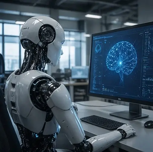 A humanoid robot sits at a computer displaying a digital human brain.
