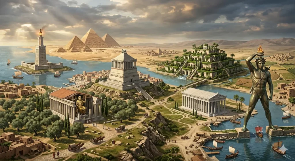 A joint panoramic view of the Seven Wonders of the Ancient World: the Pyramids of Giza, the Lighthouse of Alexandria, the Colossus of Rhodes, the Hanging Gardens of Babylon, and other monuments in a single space.