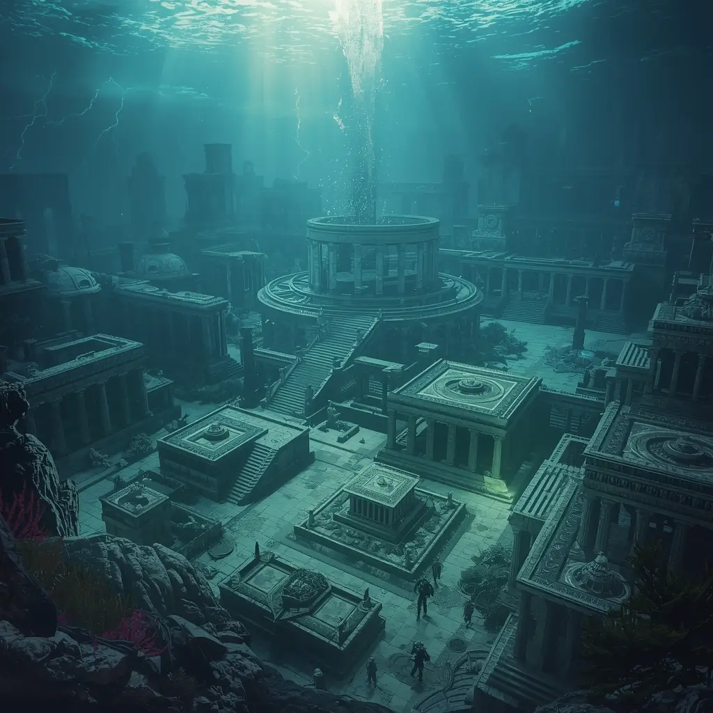 Ruins of a sunken city beneath the sea
