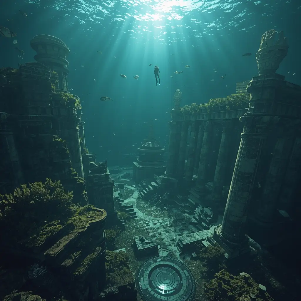 Ruins of a sunken city beneath the sea