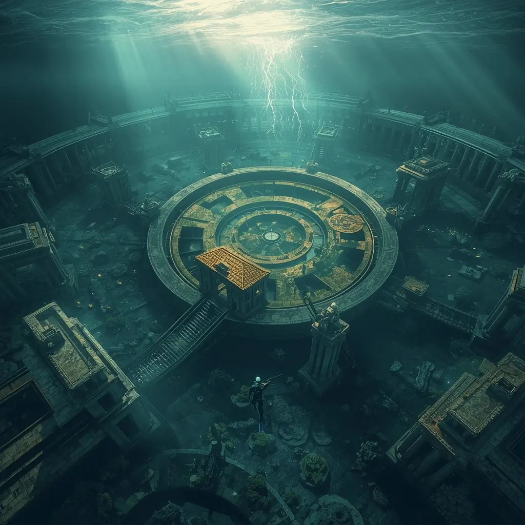 Ruins of a sunken city beneath the sea