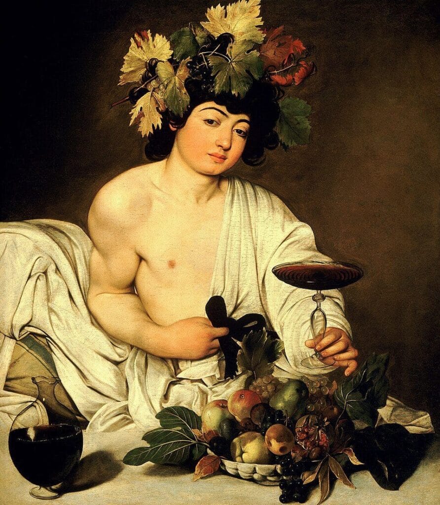 Caravaggio’s “Bacchus,” depicting the god of wine in a realistic, human form with an everyday atmosphere.