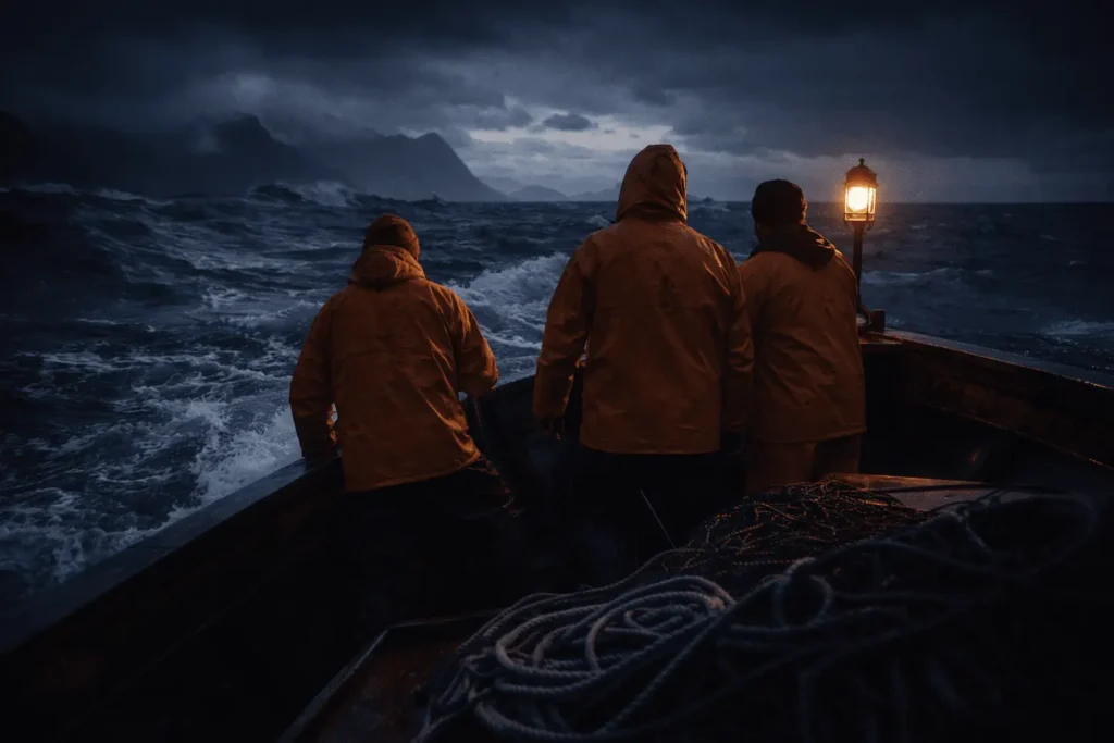 Sailors on a boat at night in a rough sea