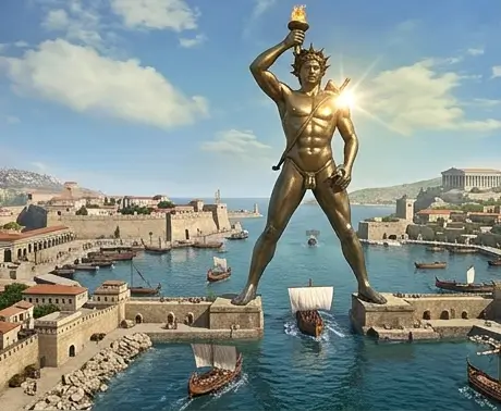 The Colossus of Rhodes, a gigantic bronze statue of the sun god Helios at the entrance to the harbor.