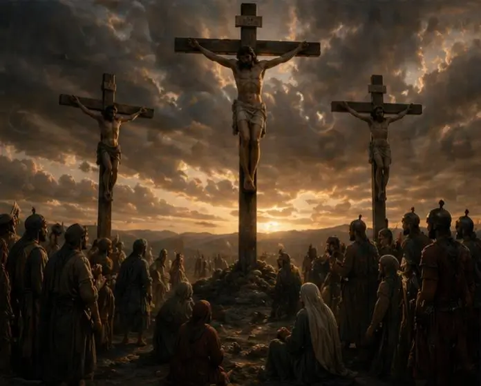 The crucifixion scene of Jesus: Jesus on the cross with two thieves, surrounded by people and Roman soldiers.