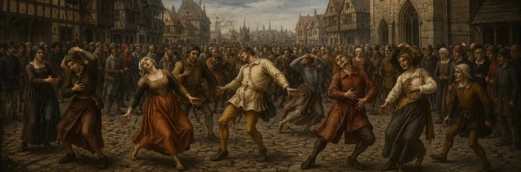 The image shows people dancing on the streets of late medieval Strasbourg, some of whom appear to be ill.