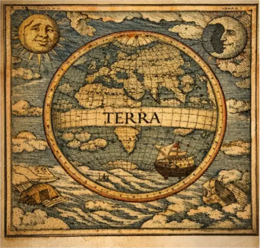 A thematic depiction of a map from the time of Columbus.