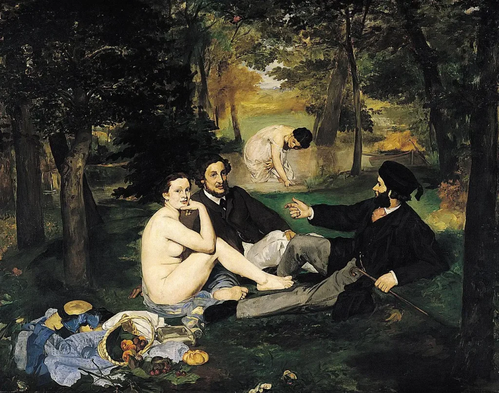 Édouard Manet’s painting “Luncheon on the Grass,” showing two dressed men in the foreground with a nude woman sitting beside them.