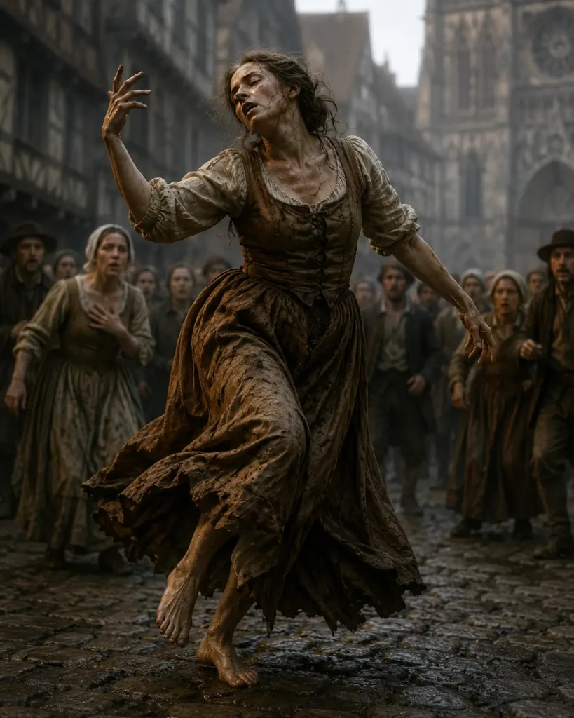 Frau Troffea dances barefoot on the streets of Strasbourg.