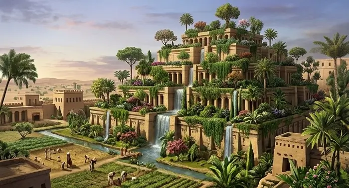 Illustration of the Hanging Gardens of Babylon, multi-level terraces with exotic plants and waterfalls.