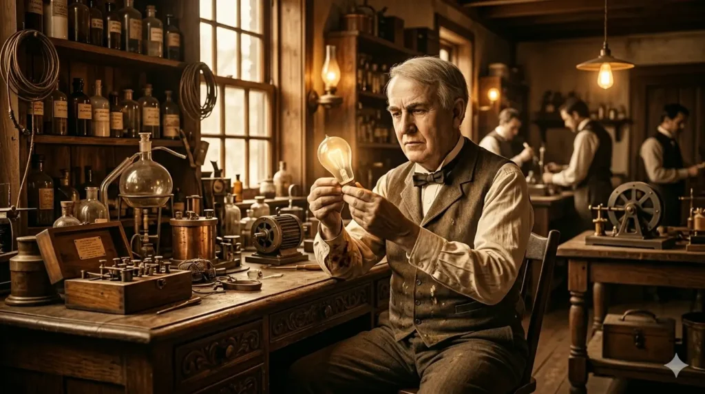 Thomas Edison in a 19th-century retro-style laboratory in Menlo Park. He holds the first commercial light bulb in his hand, observing it thoughtfully. The room is illuminated by a warm, yellow light, with scientific instruments visible all around.