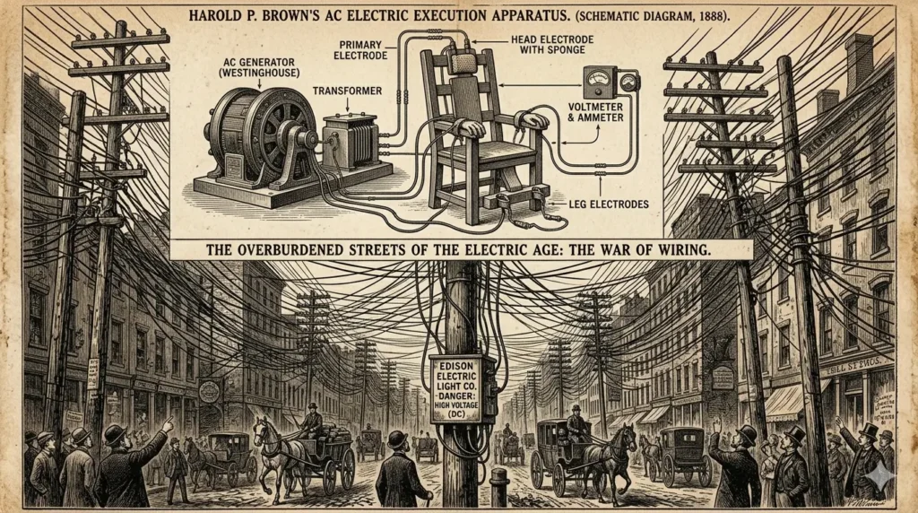 An illustration or graphic image from an old 19th-century newspaper, showing the first blueprints and diagrams of the electric chair. The second part shows city streets overburdened with Edison's direct current (DC) wires, creating a chaotic visual.