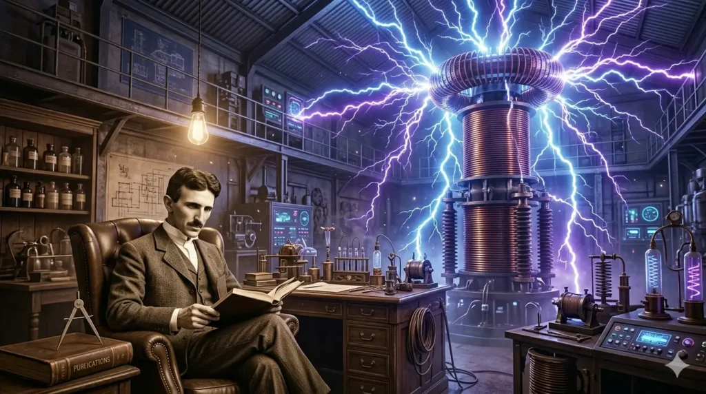 Nikola Tesla sits calmly in his laboratory, reading a book. In the background rises his famous giant Tesla Coil, emitting massive, branching lightning bolts. The scene is saturated with a futuristic blue and purple electronic glow.