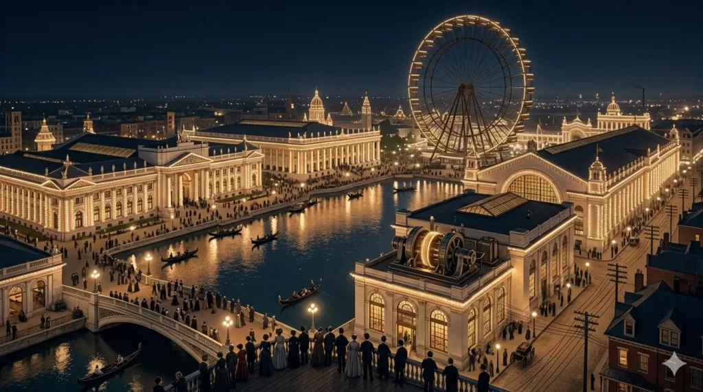 A grand and large-scale night shot of the 1893 Chicago World's Fair. The entire exhibition city and its buildings are illuminated by thousands of electric light bulbs, reflecting the triumph of alternating current (AC). The view is impressive and magnificent.