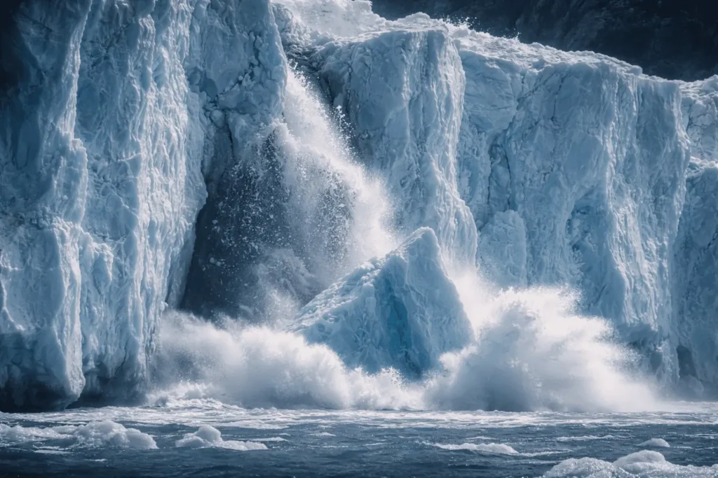 A large piece of ice breaks off an iceberg and falls into the water