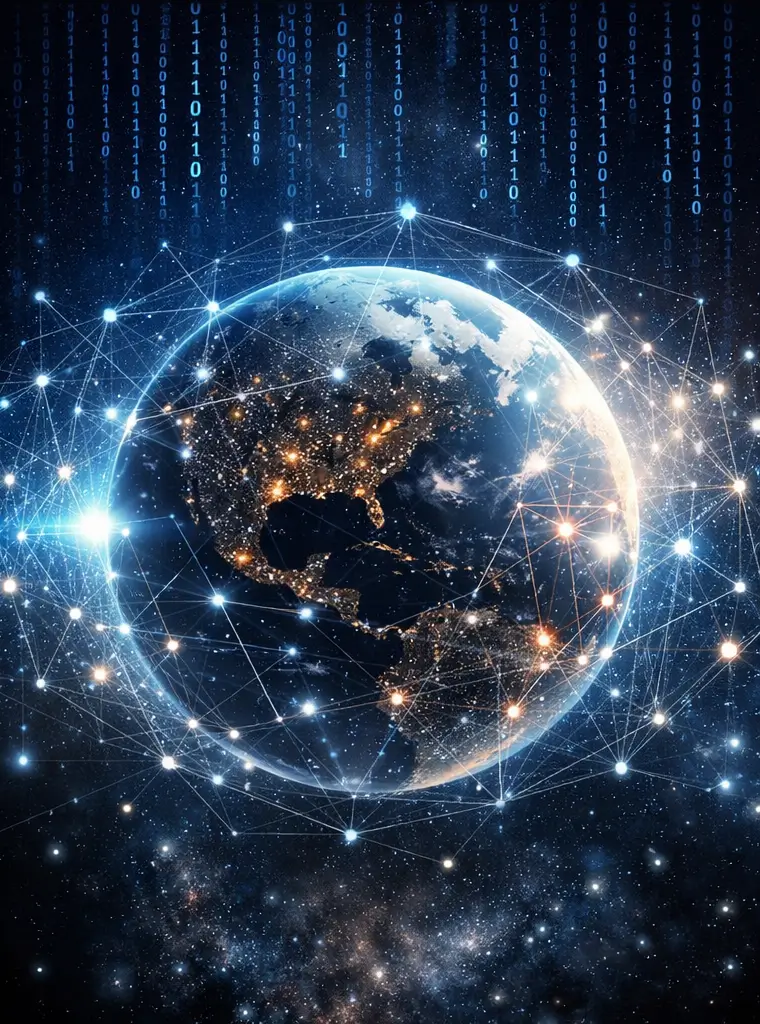 An image of Earth surrounded by a network of interconnected internet cables