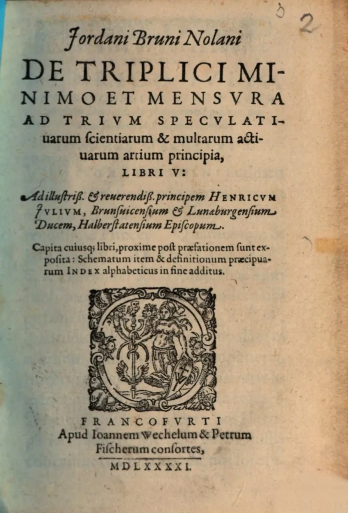 A page from a book published by Giordano Bruno in Frankfurt in 1591