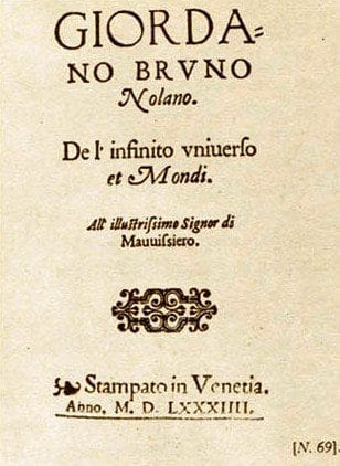 The first page of Giordano Bruno’s book “De l’infinito, universo e mondi” (1584)