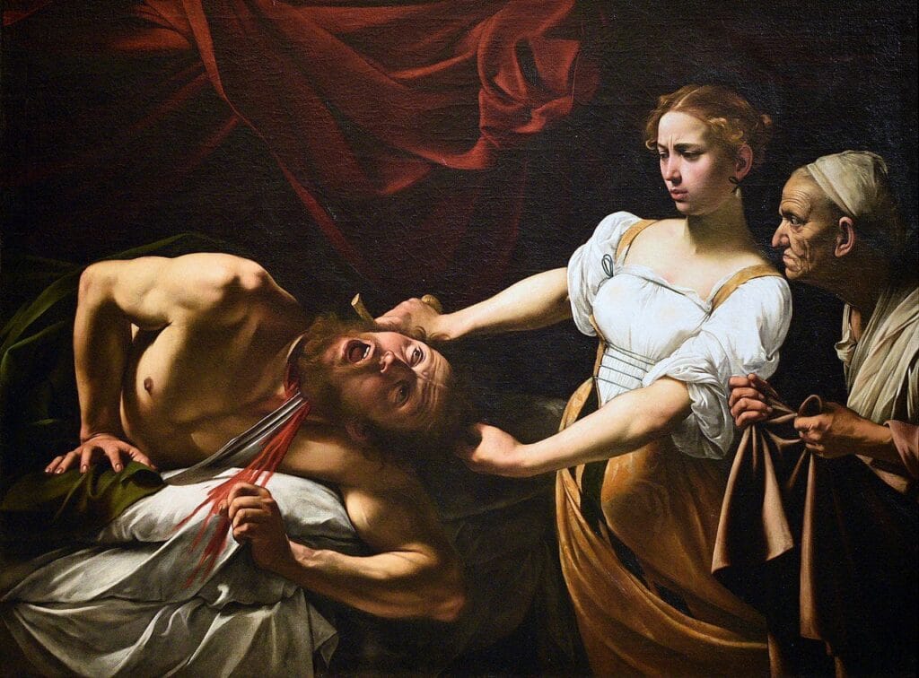 Caravaggio’s authenticated painting “Judith Beheading Holofernes,” a biblical scene with strong dramatization and a sharp contrast of light and shadow.