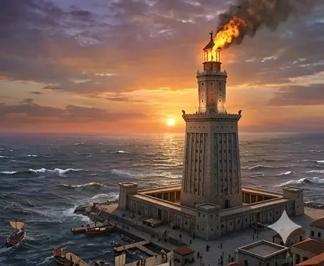 View of the Lighthouse of Alexandria at sunset, a magnificent tower on the seashore.