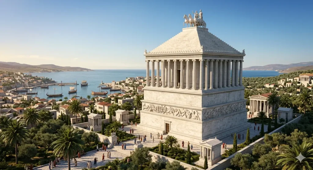 A realistic reconstruction of the Mausoleum at Halicarnassus, a grand white marble tomb with a chariot statue at the top.