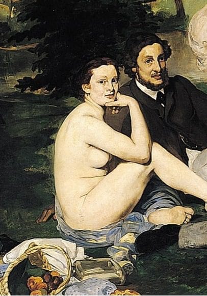A cropped image of the nude woman from Édouard Manet’s painting “Luncheon on the Grass,” looking directly at the viewer