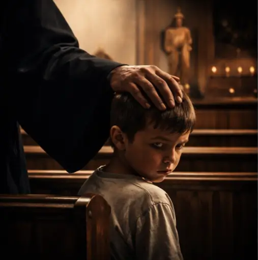 A child in a church receiving a blessing from a religious figure