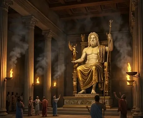 The giant gold and ivory statue of Zeus in the interior of the Temple of Olympia.