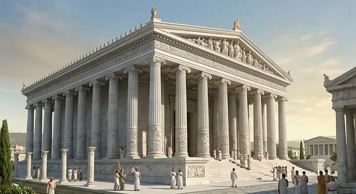 View of the Temple of Artemis at Ephesus, with numerous marble columns and ancient architecture.